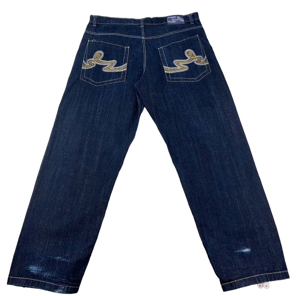 VTG EVOLUTION in Design Jeans Men 40X33 Blue Gold Pocket Embroidery Wide Leg Y2K